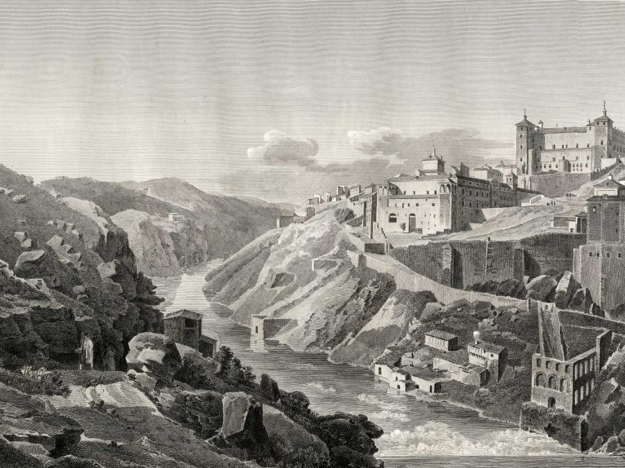 Grabado de Toledo, de P. Didot l'Ainé, con restos del Artificio de Juanelo Turriano, y el Hospital de Santiago de los Caballeros